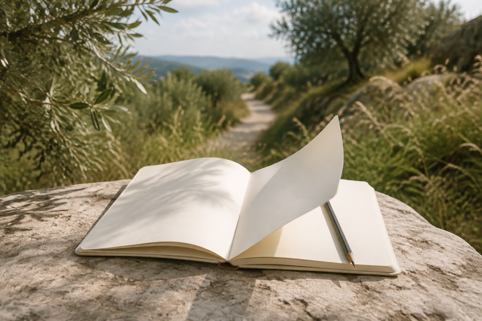 Una pagina bianca si solleva al vento su un tavolo di pietra tra gli ulivi.