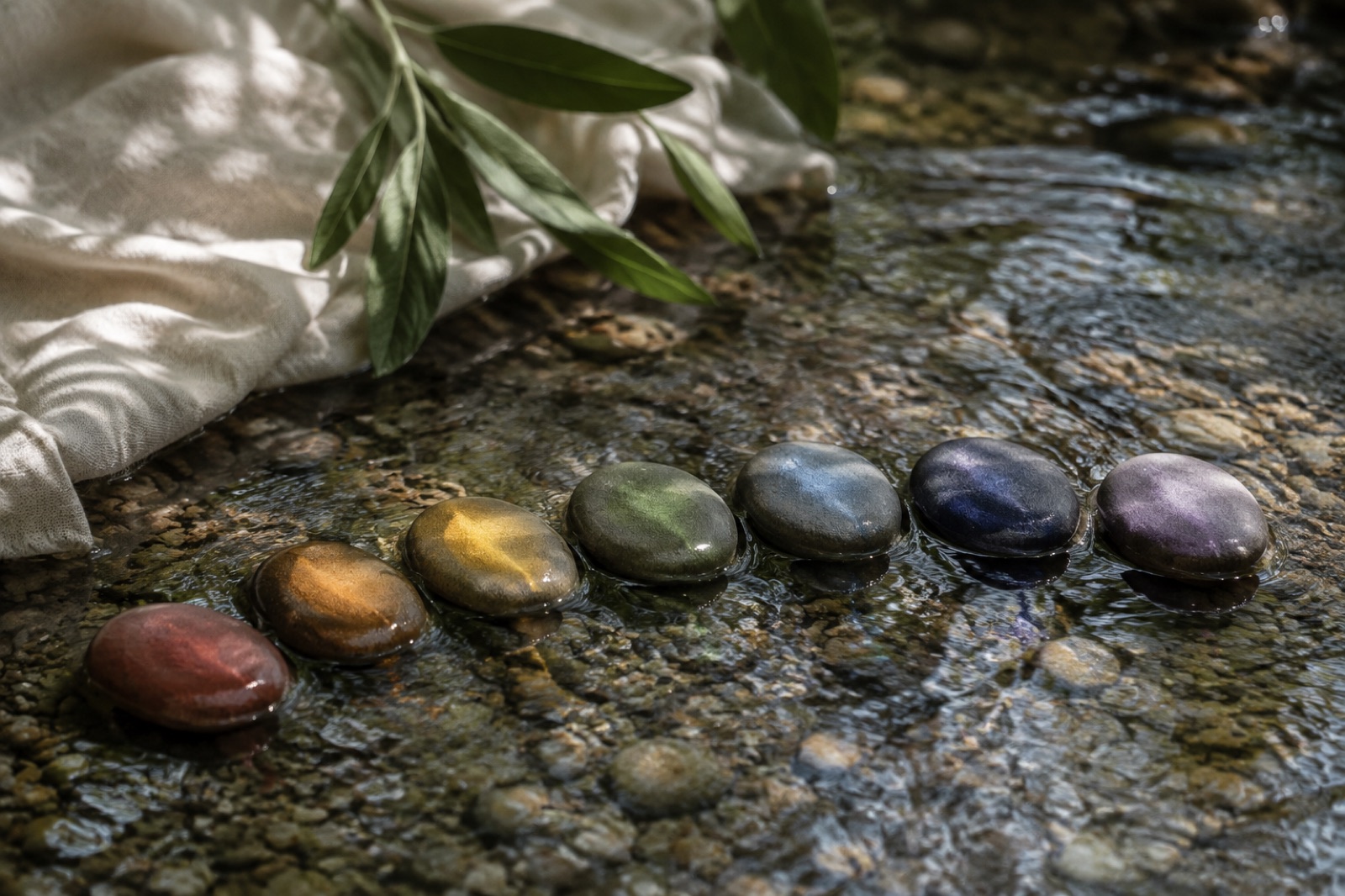 Immagine editoriale per Bilanciamento dei chakra: sette pietre di fiume dai toni delicati immerse nell’acqua corrente.