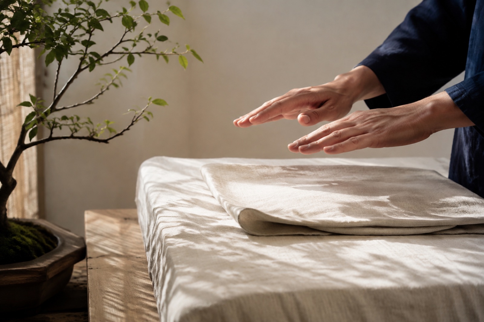Immagine editoriale per Reiki: mani sospese sul lino accanto a un bonsai nella luce naturale.