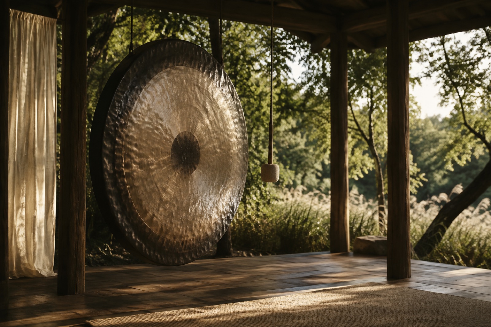 Immagine editoriale per Bagno sonoro con gong e campane tibetane: un grande gong artigianale in un padiglione aperto sul bosco.