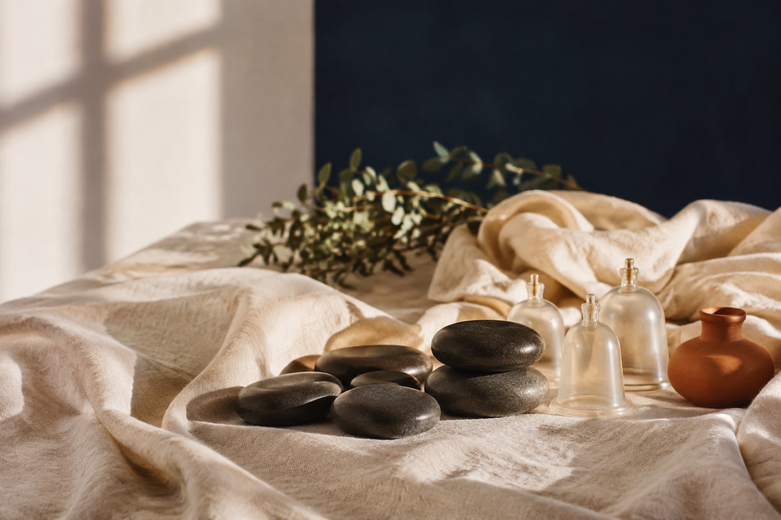 Immagine editoriale per Hot Stone Ritual: pietre scure, coppette e lino in una composizione calda.