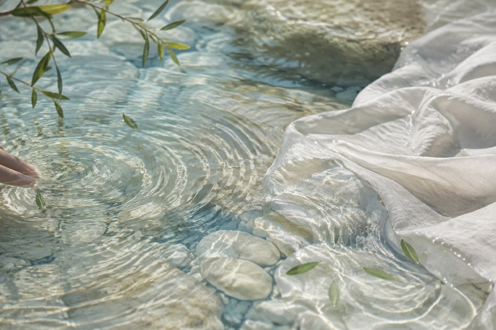 Immagine editoriale per Linfodrenaggio Vodder: acqua limpida, foglie d’ulivo e lino bianco in movimento.