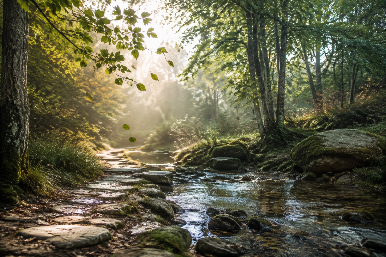 Foglie mosse dal vento attraversano un sentiero accanto a un ruscello illuminato dalla luce del mattino.